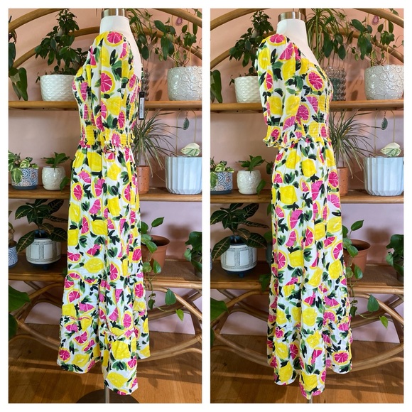 NWT Steve Madden Challis Grapefruit LEMON Citrus Fruit Smocked Maxi Midi Dress S - Picture 2 of 9